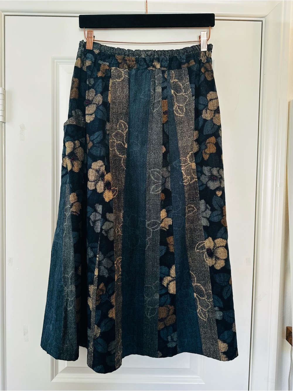 Sara Navy and Tan Floral Panel Maxi Skirt
